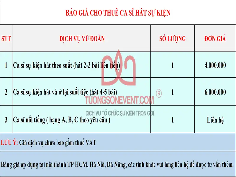 Bảng giá dịch vụ thuê ca sĩ tại Tường Sơn Event Bảng giá dịch vụ thuê ca sĩ tại Tường Sơn Event