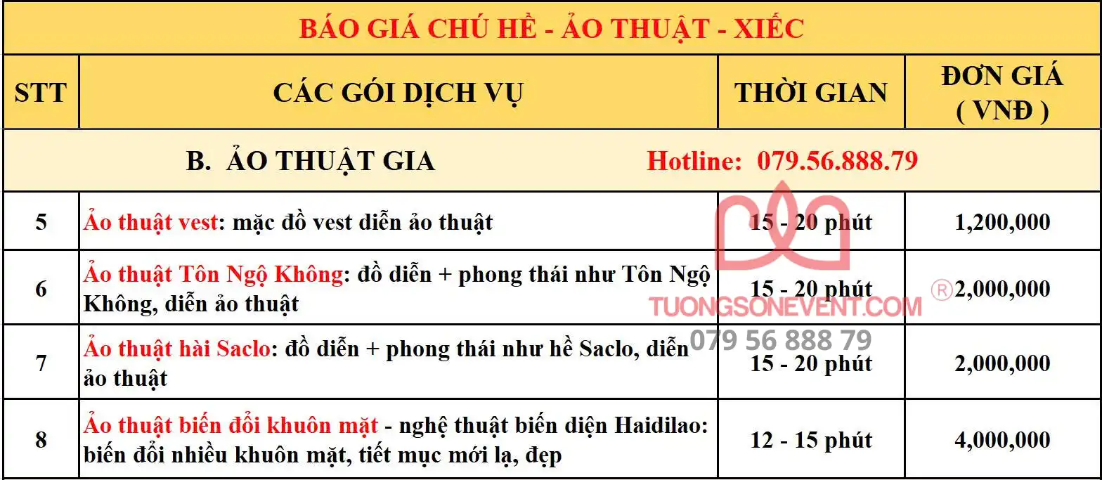 Bảng báo giá ảo thuật hấp dẫn tại HCM