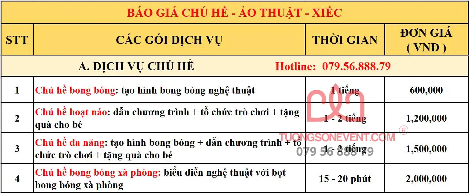 Bảng báo giá dịch vụ chú hề tại Tường Sơn Event