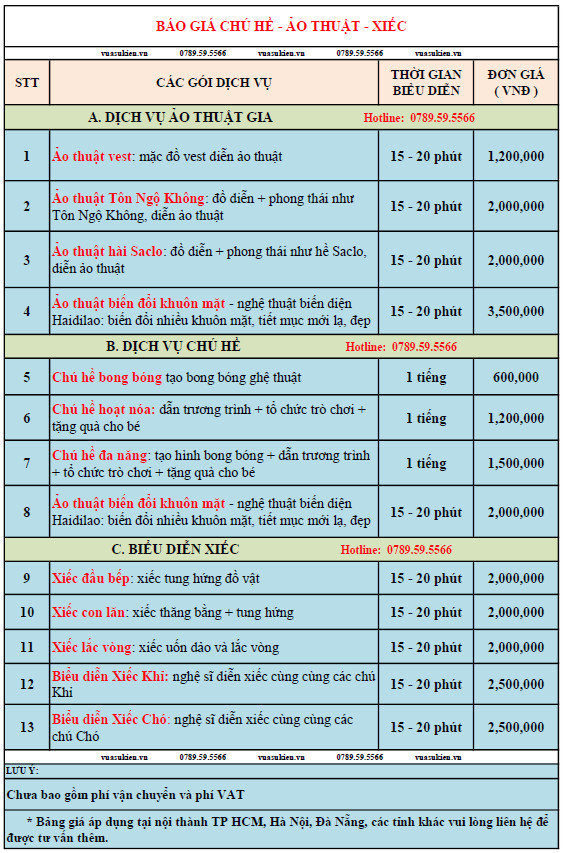 bảng giá chú hề ảo thuật gia xiếc