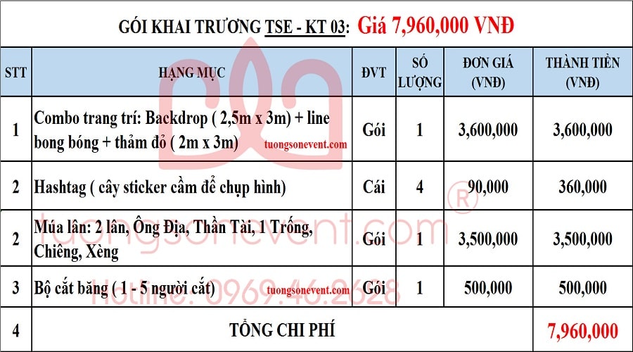 Báo giá tổ chức khai trương trọn gói giá 7,960,000 VNĐ