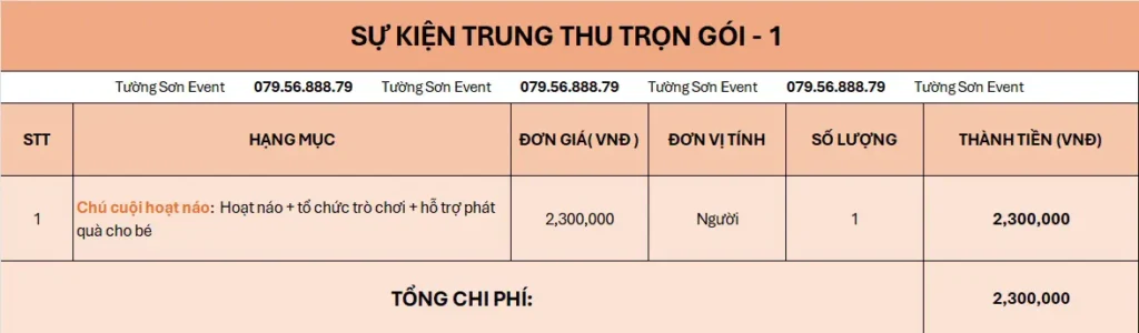 Bảng giá sự kiện Trung Thu gói 1