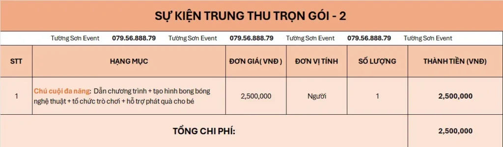 Báo giá sự kiện Trung Thu gói 2