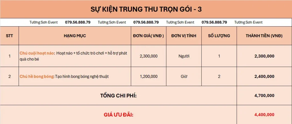 Báo giá sự kiện Trung Thu gói 3