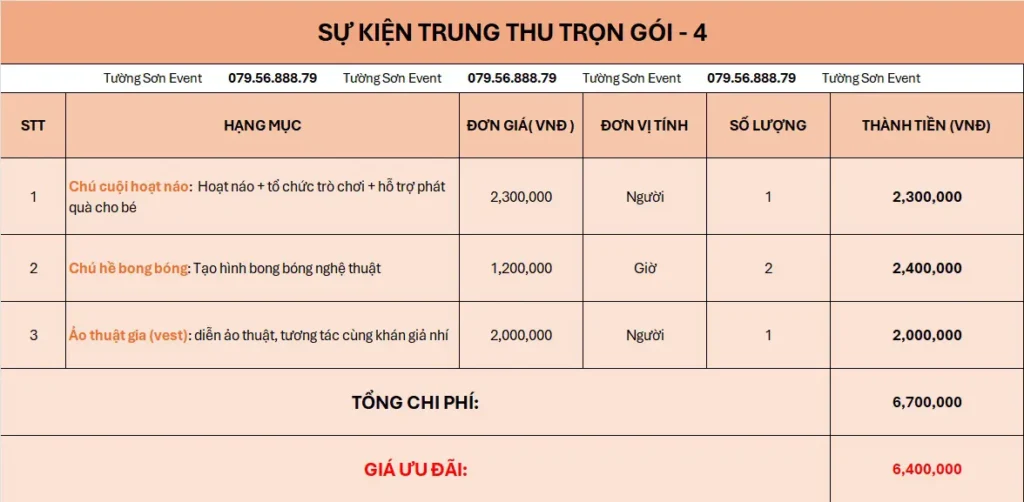 Báng báo giá sự kiện Trung Thu gói 4