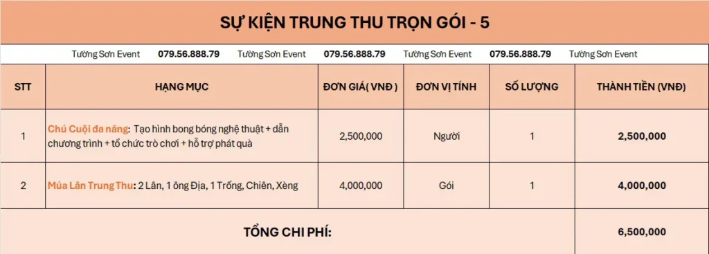 Báng giá sự kiện Trung Thu gói 5