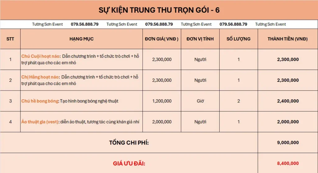 Giá sự kiện trọn gói Trung thu gói 6
