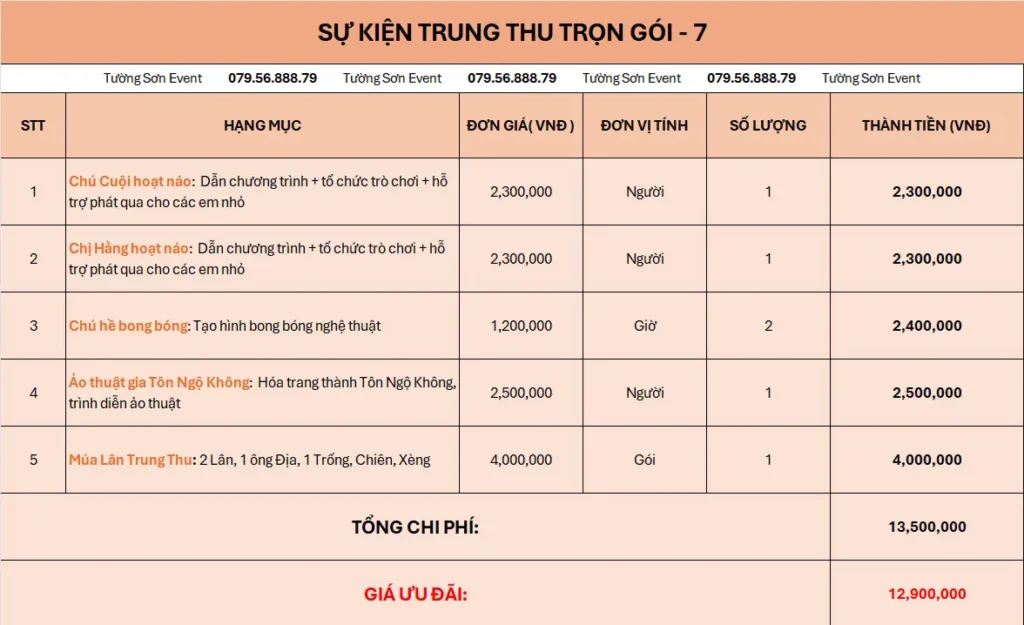 Giá sự kiện trọn gói Trung thu gói 7