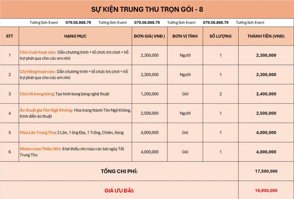 Giá sự kiện trọn gói Trung thu gói 8
