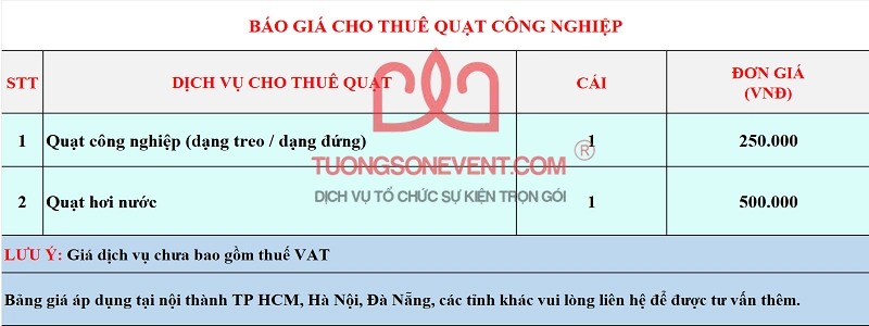 Bảng giá dịch vụ cho thuê quạt công nghiệp Bảng giá dịch vụ cho thuê quạt công nghiệp