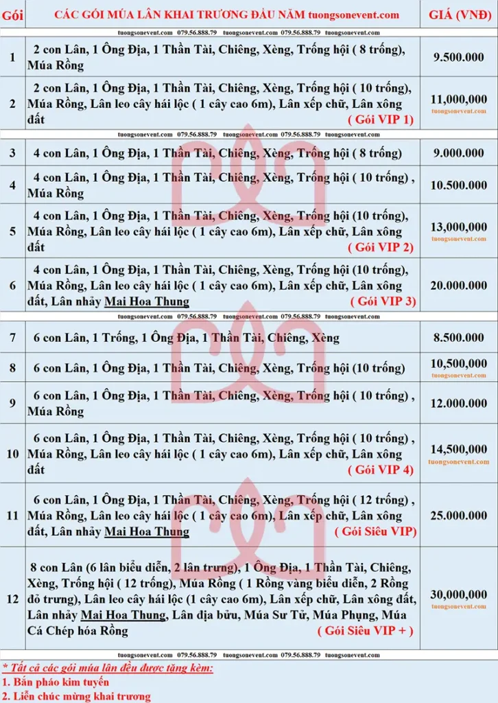 Bảng giá 12 gói múa lân khai trương ngày Tết Nguyên Đán