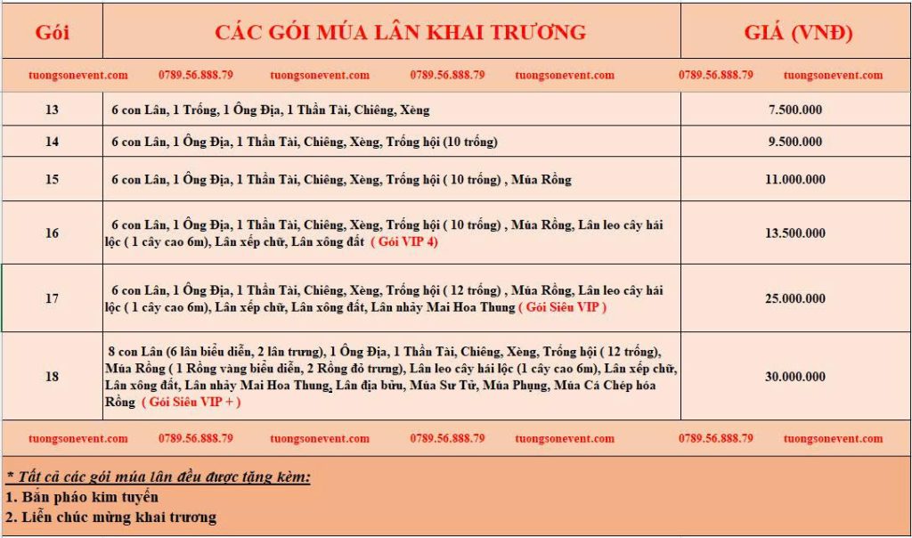 Các gói múa lân gồm 6 lân và 8 lân