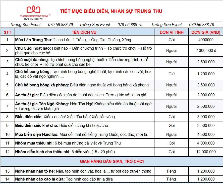 Giá DV Trung Thu tại Gò Vấp