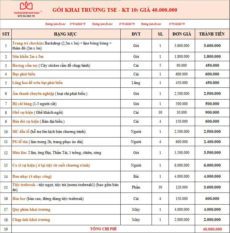 Gói khai trương TSE - KT10
