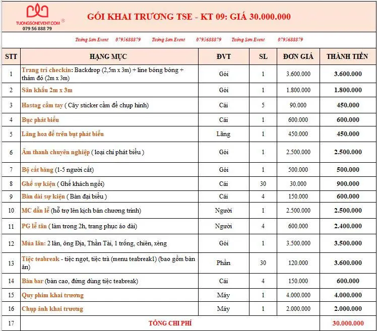 Gói khai trương TSE - KT09