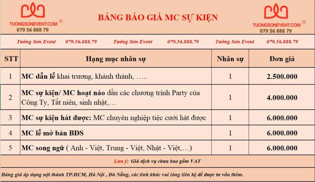 Báo giá cho thuê MC tại Tường Sơn Event