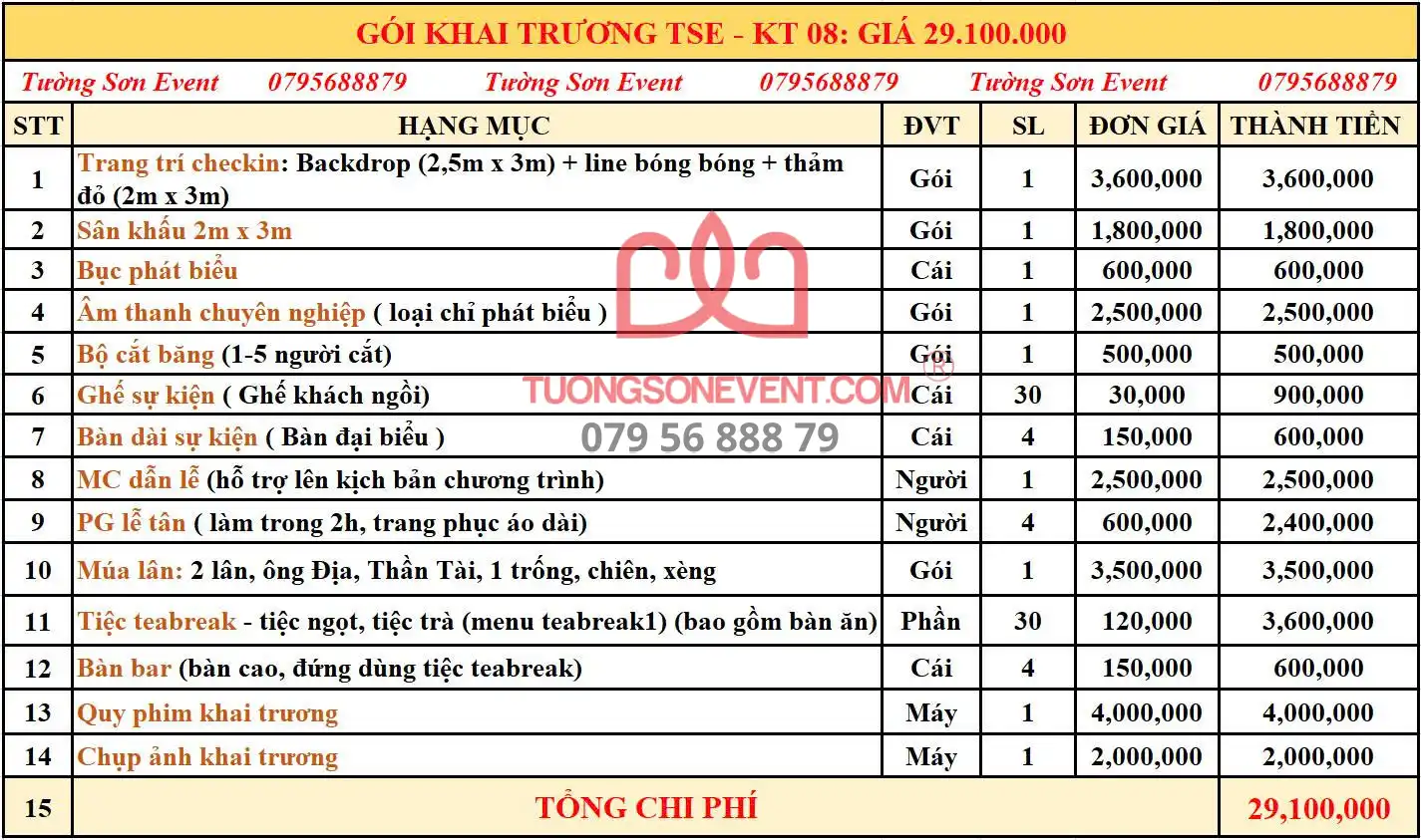 Dịch vụ khai trương trọn gói - Gói KT08