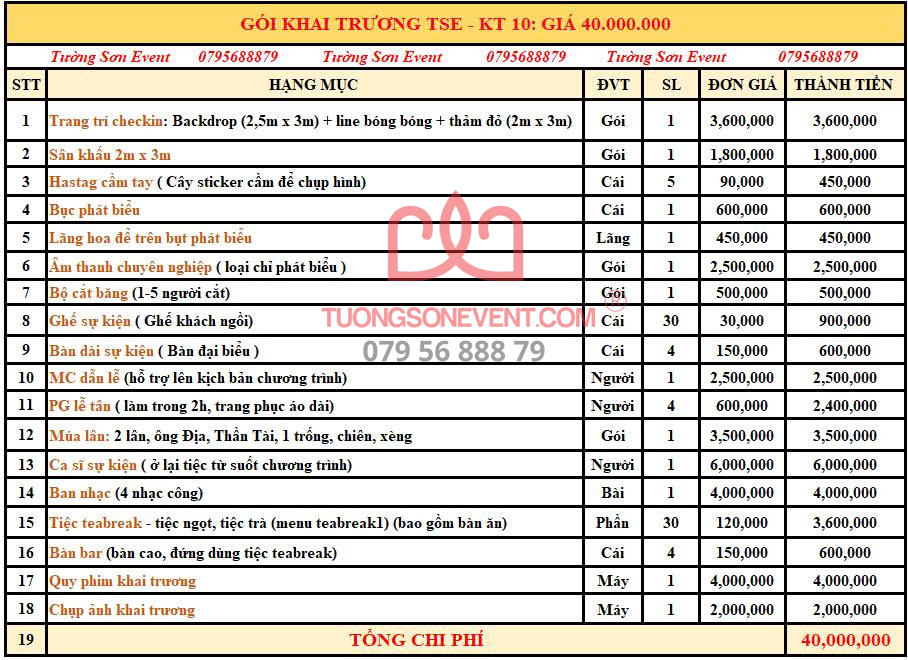 Dịch vụ khai trương trọn gói - Gói KT10