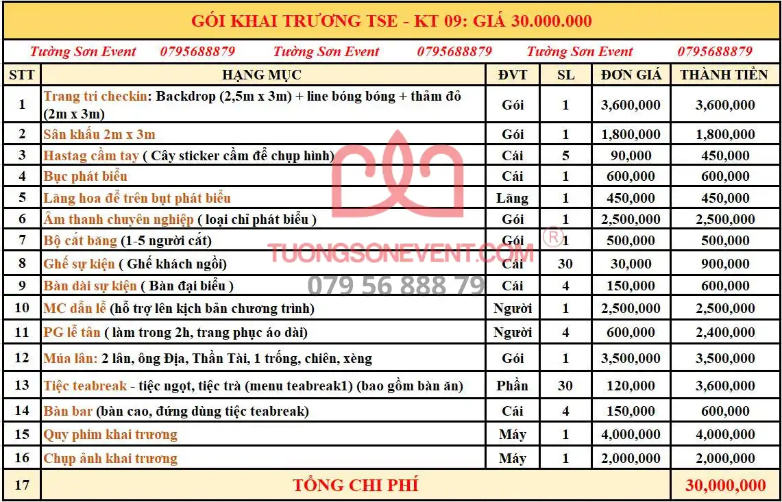 Dịch vụ khai trương trọn gói - Gói KT09